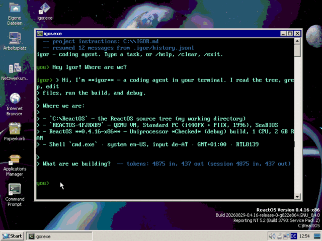 igor running in a console window on ReactOS